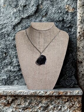 Artisan Raw Black Obsidian Pendant Set in Silver with Silver Chain